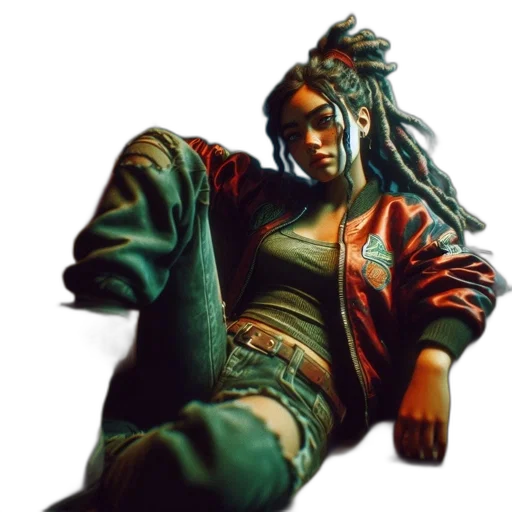 jacket, cyberpunk, concept art, comic book art, photorealistic, green, young, woman transparent PNG cut-out
