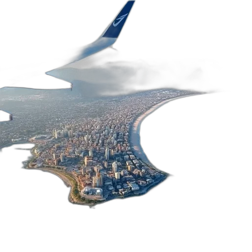 3d render, photorealistic, concept art, aerial, view, city, coastline, featuring transparent PNG cut-out