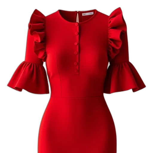 dress, 3d render, red, fitted, bodice, flared, sleeves, featuring transparent PNG cut-out