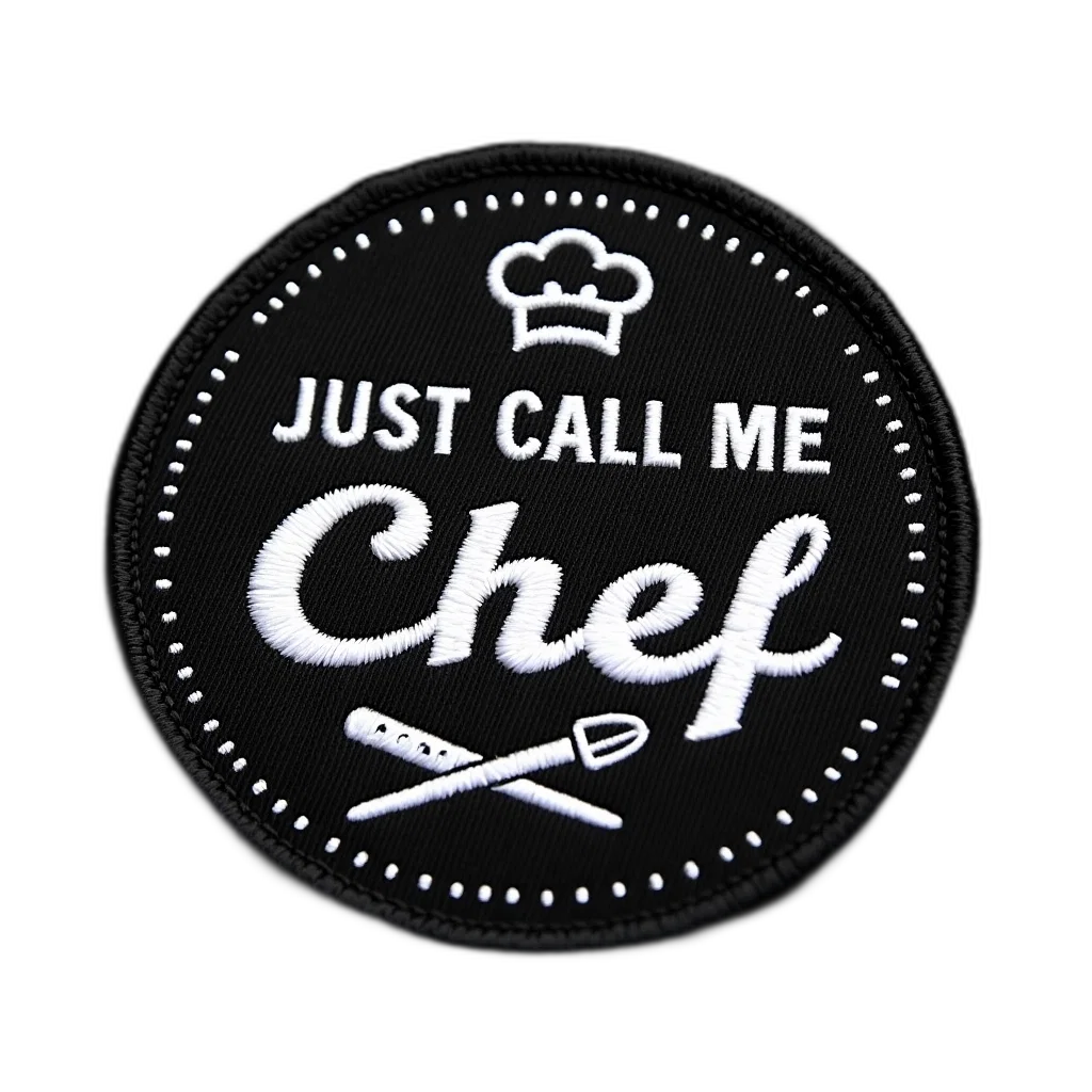 staff, food, black, patch, white, embroidered, design, reads transparent PNG cut-out