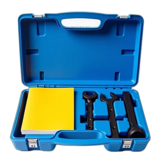 staff, blue, plastic, toolbox, open, displaying, yellow, instruction transparent PNG cut-out