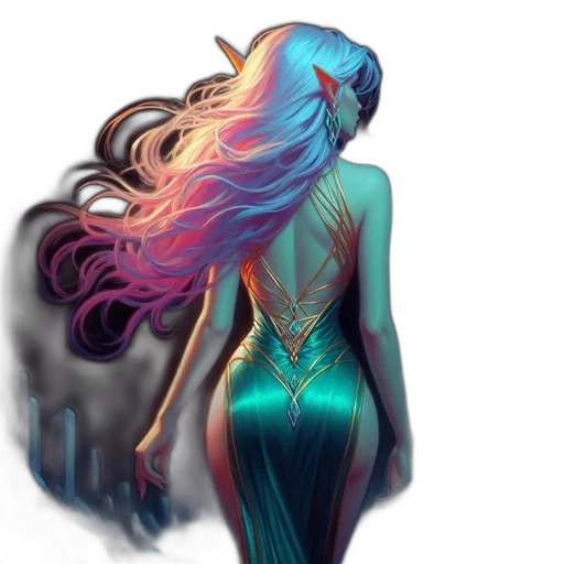 dress, hair, concept art, fantasy art, cyberpunk, watercolor, neon lights, outer space transparent PNG cut-out