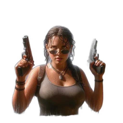 weapon, concept art, photorealistic, pixel art, 3d render, woman, stands, watery transparent PNG cut-out