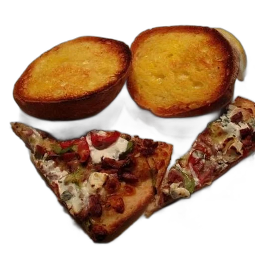 food, plate, two, slices, pizza, pieces, garlic, bread transparent PNG cut-out