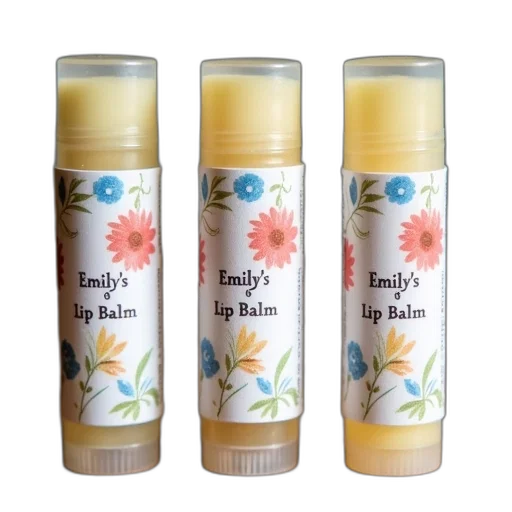 three, identical, lip, balms, floral, design, label, lined transparent PNG cut-out