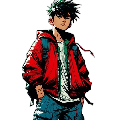 jacket, comic book art, concept art, anime, cyberpunk, red, green, young transparent PNG cut-out