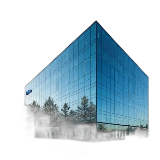 building, 3d render, photorealistic, modern, glass, blue, logo, side transparent PNG cut-out