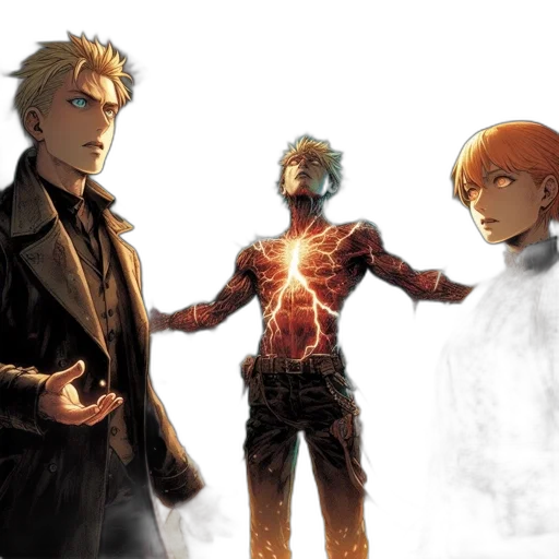concept art, comic book art, fire, golden, dark, three, characters, solemn transparent PNG cut-out