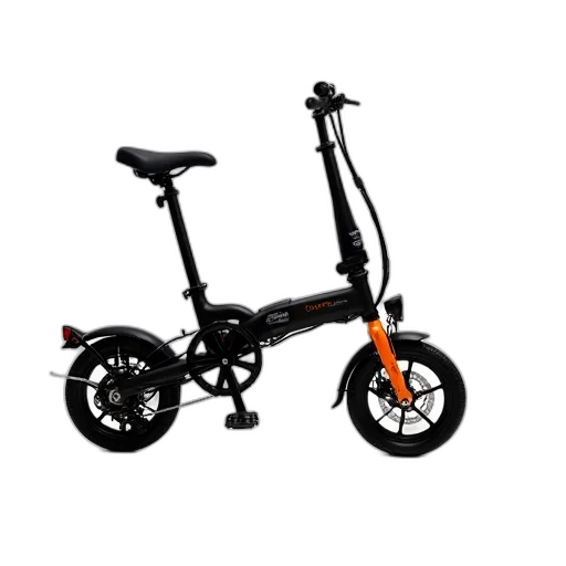 3d render, sleek, modern, folding, bicycle, black, frame, orange transparent PNG cut-out