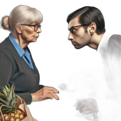 concept art, photorealistic, fire, fog, elderly, woman, uses, self-checkout transparent PNG cut-out