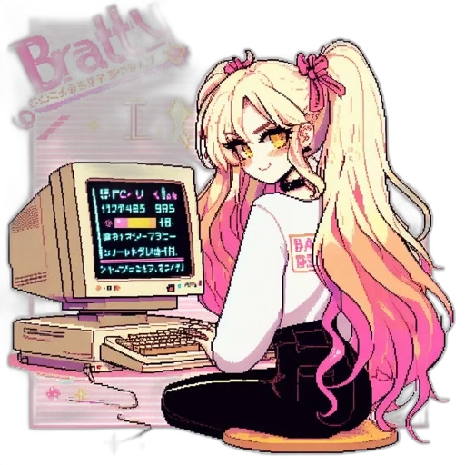 staff, robot, hair, pixel art, vaporwave, anime, cyberpunk, neon transparent PNG cut-out
