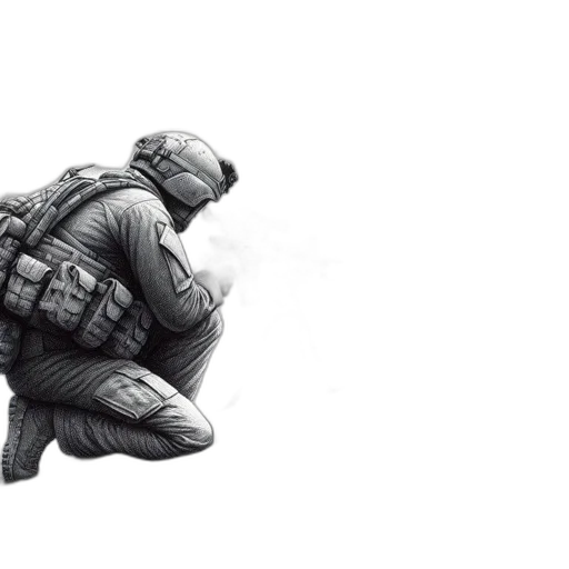 weapon, jacket, concept art, comic book art, 3d render, pixel art, soldier, kneels transparent PNG cut-out