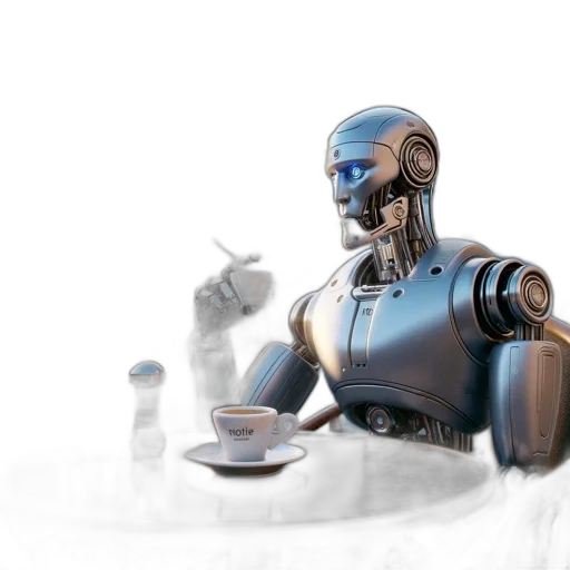 robot, 3d render, concept art, anthropomorphic, metallic, construction, sits, outdoor transparent PNG cut-out