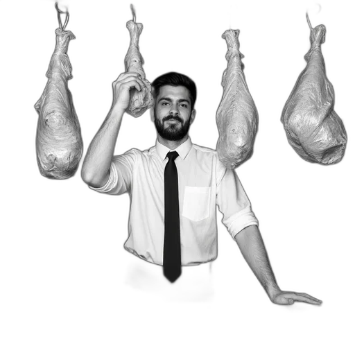 food, staff, animal, photorealistic, black, white, photograph, man transparent PNG cut-out