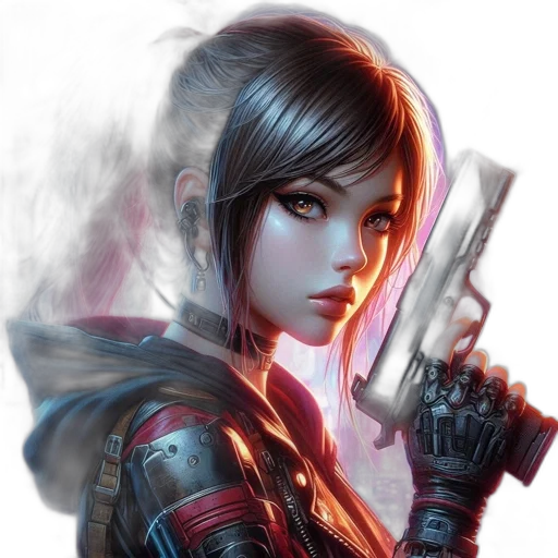 weapon, fantasy art, concept art, comic book art, cyberpunk, red, female, character transparent PNG cut-out