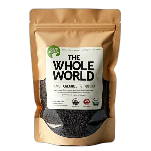 bag, organic, non-gmo, gluten-free, vegan, kosher, certified, black transparent PNG cut-out