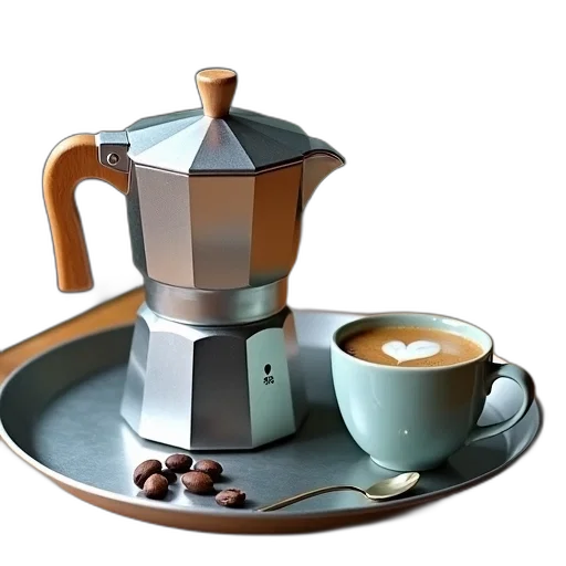 3d render, photorealistic, silver, coffee, maker, wooden, handle, placed transparent PNG cut-out