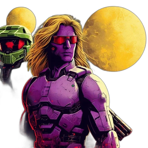 robot, comic book art, concept art, pixel art, cyberpunk, outer space, two, figures transparent PNG cut-out