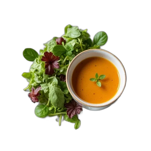 food, photorealistic, plate, leafy, salad, cup, soup, side transparent PNG cut-out