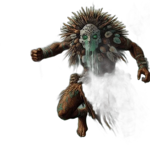 creature, mask, hair, staff, concept art, fantasy art, 3d render, photorealistic transparent PNG cut-out