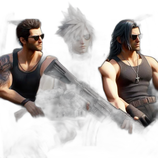 concept art, 3d render, fantasy art, comic book art, three, armed, men, distinct transparent PNG cut-out