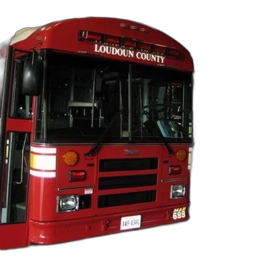 red, bus, words, loudoun, county, parked, garage transparent PNG cut-out
