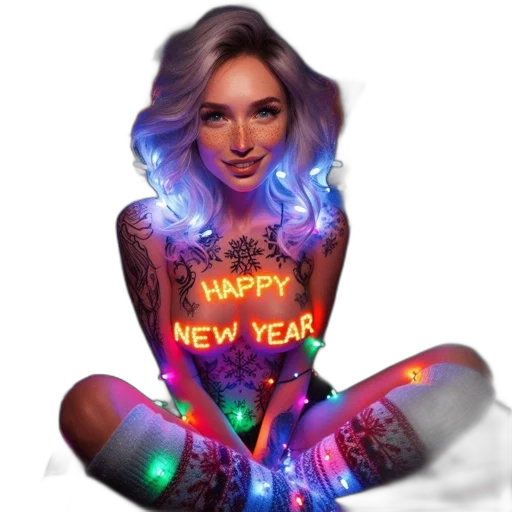 photorealistic, pixel art, cartoon, cyberpunk, neon lights, woman, festive, attire transparent PNG cut-out