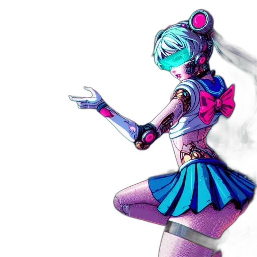 robot, weapon, staff, concept art, cyberpunk, vaporwave, anime, neon lights transparent PNG cut-out