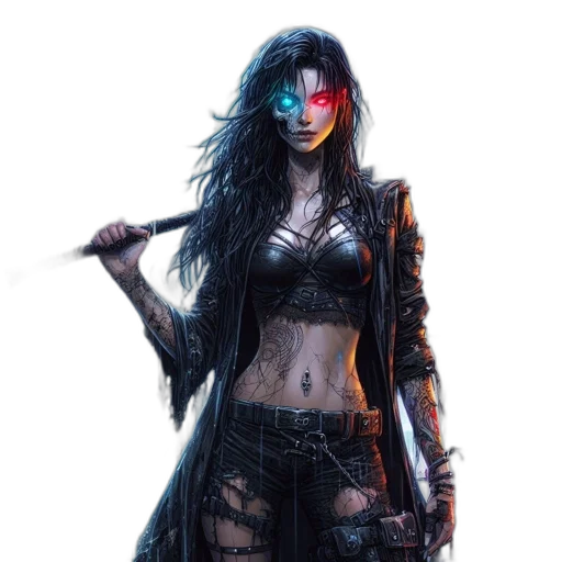 comic book art, cyberpunk, fantasy art, concept art, dark, blue, red, female transparent PNG cut-out
