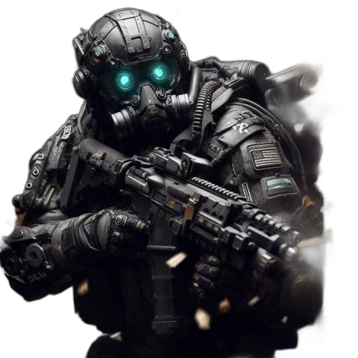 robot, weapon, face, mask, concept art, 3d render, pixel art, cyberpunk transparent PNG cut-out