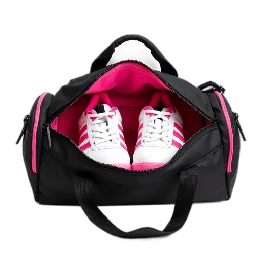 shoes, black, pink, sports, bag, zipper, open, revealing transparent PNG cut-out