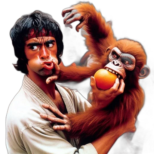 animal, man, dark, hair, surprised, expression, stands, alongside transparent PNG cut-out