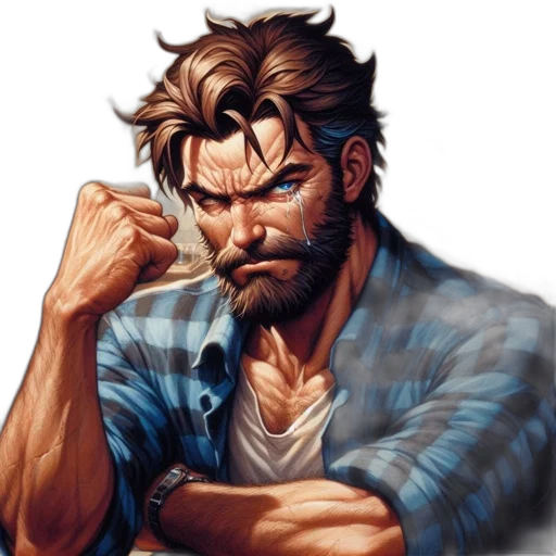 face, weapon, comic book art, pixel art, concept art, anime, rugged, man transparent PNG cut-out