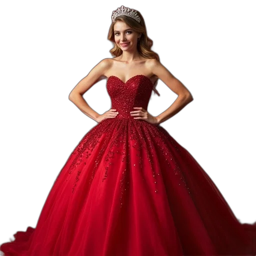 dress, crown, photorealistic, red, glitter, ball, gown, quincey transparent PNG cut-out