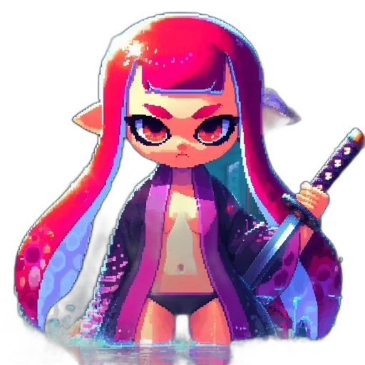 weapon, jacket, staff, dress, vaporwave, pixel art, concept art, fantasy art transparent PNG cut-out