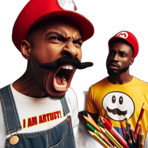 concept art, comic book art, two, men, one, wears, mario, themed transparent PNG cut-out