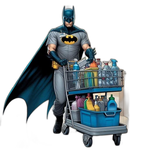 comic book art, concept art, batman, seen, humorous, situation, pushing, shopping transparent PNG cut-out