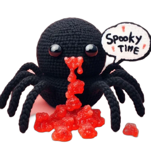 creature, 3d render, pixel art, black, crochet, spider, toy, big transparent PNG cut-out
