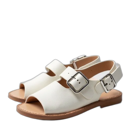 shoes, pair, white, canvas, sandals, silver, buckles, brown transparent PNG cut-out