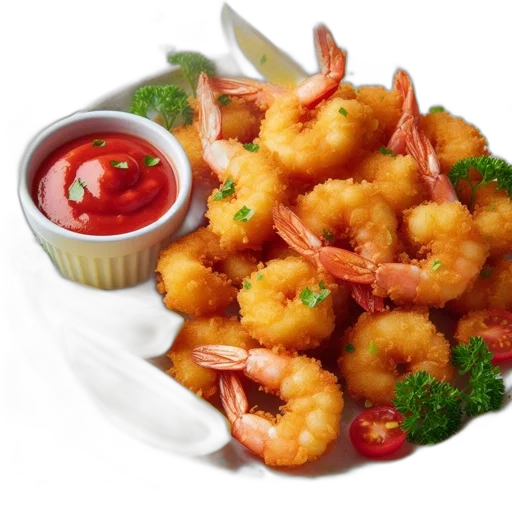 food, photorealistic, 3d render, image, displays, plate, golden-fried, shrimp transparent PNG cut-out