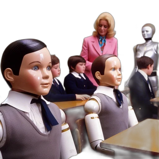 robot, classroom, humanoid, robots, wearing, school, uniforms, sit transparent PNG cut-out