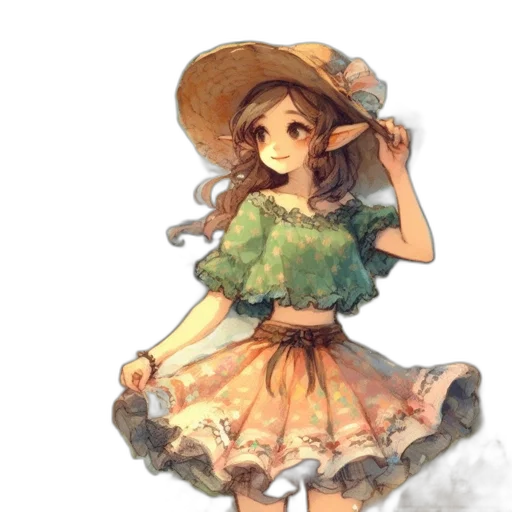 dress, hat, staff, flower, watercolor, fantasy art, concept art, pixel art transparent PNG cut-out