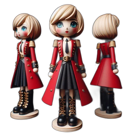 concept art, 3d render, cartoon, red, three, identical, dolls, each transparent PNG cut-out