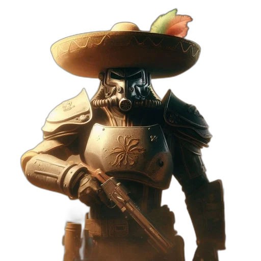 robot, hat, weapon, staff, concept art, 3d render, fantasy art, photorealistic transparent PNG cut-out