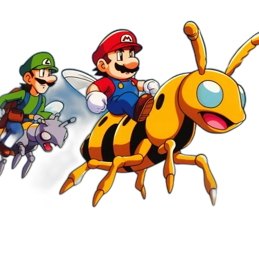 animal, concept art, pixel art, 3d render, mario, luigi, ride, flying transparent PNG cut-out