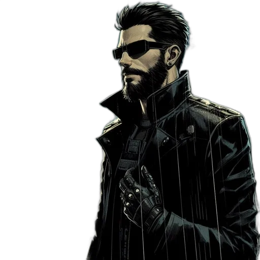 jacket, comic book art, concept art, cyberpunk, cartoon, man, stands, confidently transparent PNG cut-out