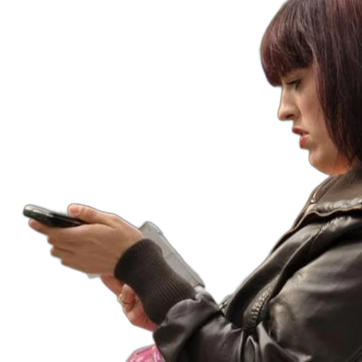 jacket, staff, woman, leather, checks, her, phone, outside transparent PNG cut-out
