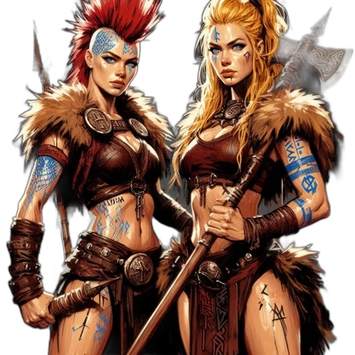 fantasy art, concept art, comic book art, pixel art, two, female, warriors, adorned transparent PNG cut-out