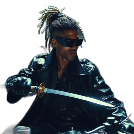 jacket, sword, weapon, hair, cyberpunk, concept art, comic book art, futuristic transparent PNG cut-out