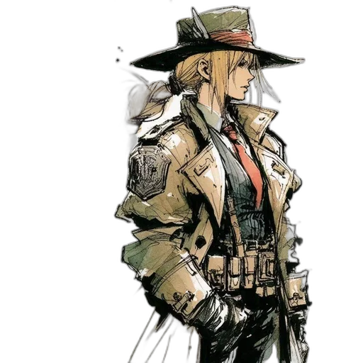 jacket, hat, weapon, staff, concept art, comic book art, watercolor, cyberpunk transparent PNG cut-out